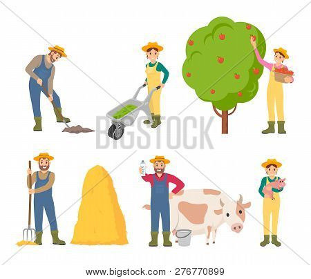 Farmer Farming People Isolated Icons Set Vector. Woman Gathering Apples From Fruit Tree. Man With Ha