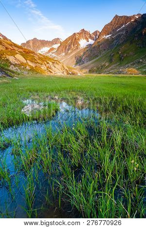 Beautiful Summer Mountains Landscape In Stubai Tyrol Alps Near New Regensburger Mountain Hut, Austri