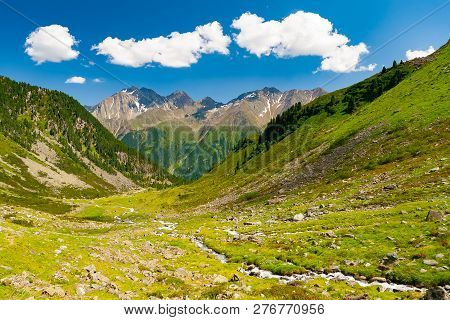 Beautiful Summer Mountains Landscape In Stubai Tyrol Alps Near New Regensburger Mountain Hut, Austri
