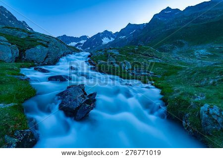 Beautiful Summer Mountains Landscape In Stubai Tyrol Alps Near New Regensburger Mountain Hut, Austri