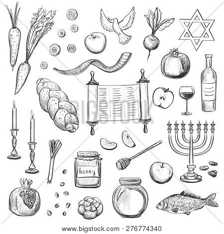 Vector Sketches Attributes Celebration Of Rosh Hashanah , The Traditional Food