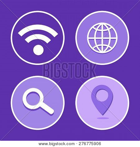 Social Network, Wifi Connection Sign, Isolated Icons Set. Circles And Globe Of Planet Earth, Locatio