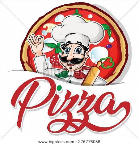 Emblem Of Funny Italian Chef On Pizza  Background