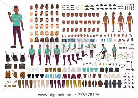 Hipster Guy Animation Kit. African American Man Dressed In Trendy Clothes. Collection Of Male Flat C