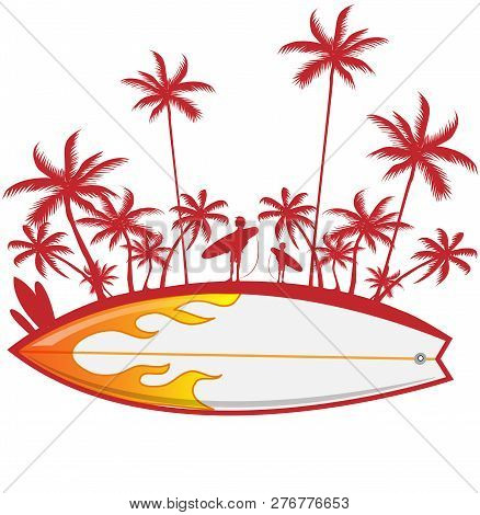 Surfboard With Palm Tree Isoalted On White. Vector Illustration