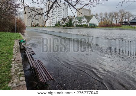 River And City -  Sunken Boulevards In The Coastal City Of Kolobrzeg On The River During A Strong St
