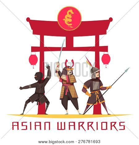 Asian Ancient Warriors Concept With Weapons And Uniform Flat Vector Illustration