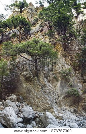 Stone Wall At Samaria Gorge (crete, Greece). Grand Canyon Near Hania. Dry Waterfall.