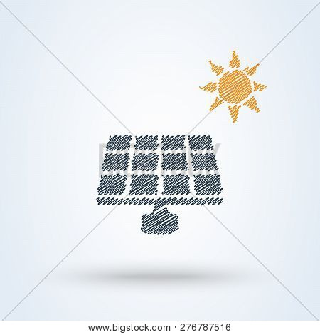 Solar Energy Panel And Sun Scribble Style. Vector Icon Drawing