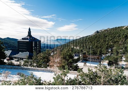 Navacerrada, Spain - December 7, 2017: Sky Resort In Guadarrama Mountain Range At Winter Time