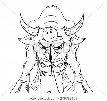Cartoon Stick Drawing Conceptual Illustration Of Businessman Standing With Big Bull Behind Him As Sy
