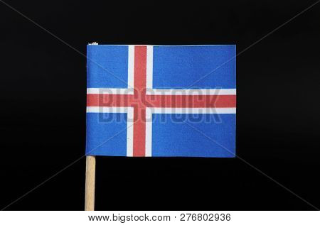 A Official Flag Of Iceland On Toothpick On Black Background. A Blue Field With The White-edged Nordi