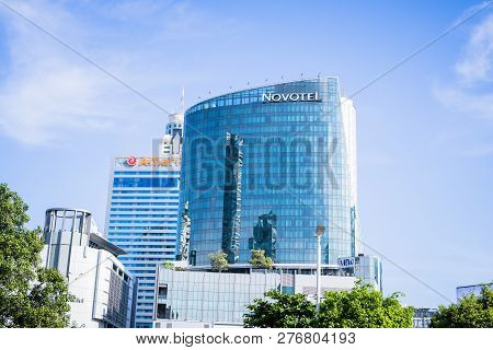 Bangkok, Thailand-november 24,2018 : Modern Glass Business Office Hotel Building Skyscrapers Over Bl