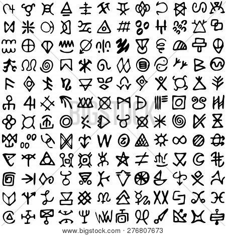 Set Of Runes Symbols. Ancient Occult Symbols, Vikings Like Letters On White