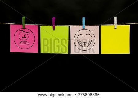 Copy Space. Four Multicolored Stickers. On Pink And Gray Pages Positive And Negative, Emotions. Ange