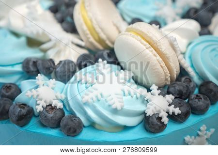 Colorful Delicious Cake With Marshmallows And Candies. Winter Cupcakes, Biscuits. Healthy Sweets Con