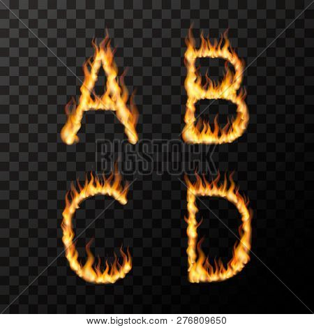 Bright Realistic Fire Flames In A B C D Letters Shape, Hot Font Concept On Transparent