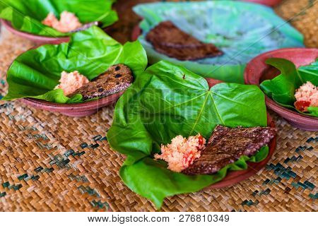Typical Sri Lankan Grains And Flatbread On Lotus Leaf