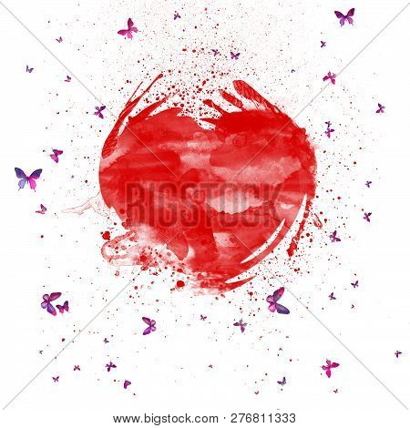 Abstract Watercolor Splashes Red Heart . Heart With Colorful Butterflies.