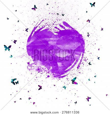 Abstract Watercolor Splashes Violet Heart . Heart With Colorful Butterflies.