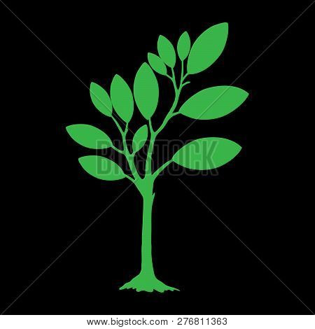 Green Silhouette Tree With Leaves. Tree Icon Silhouette 
 Isolated On Black  Background. Tree Icon S