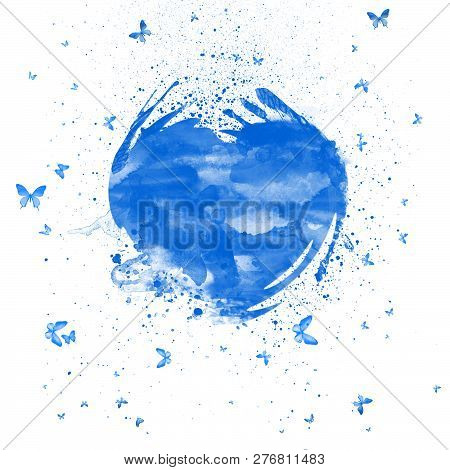 Abstract Watercolor Splashes Blue Heart . Heart With Colorful Butterflies.