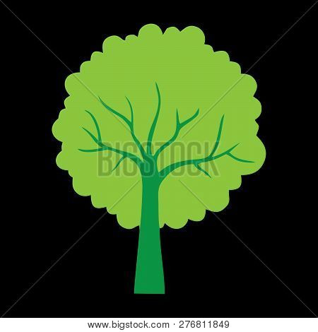 Tree With Green Leaves On Black Background. Vector Tree Icon. Tree Forest, Leaf Tree Isolated, Tree 