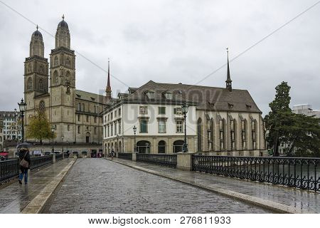 Zurich, Switzerland - Oct 130th, 2018: View Of Grossmunster And Zurich Old Town From Limmat River. T