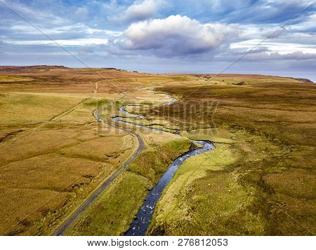 Aerial View Of The River Lealt And Single Track At Loch Cuithir And Sgurr A Mhadaidh Ruadh - Hill Of
