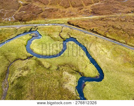 Aerial View Of The River Lealt And Single Track At Loch Cuithir And Sgurr A Mhadaidh Ruadh - Hill Of