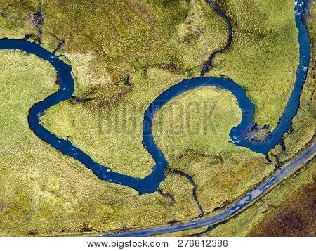Aerial View Of The River Lealt And Single Track At Loch Cuithir And Sgurr A Mhadaidh Ruadh - Hill Of