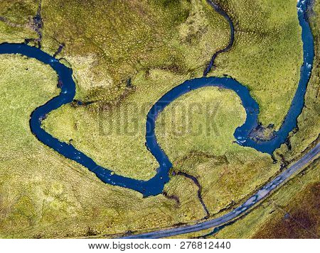 Aerial View Of The River Lealt And Single Track At Loch Cuithir And Sgurr A Mhadaidh Ruadh - Hill Of