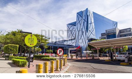 Johannesburg, South Africa, 5 December - 2018: Car Park Entrance Looking Towards Modern Office Build