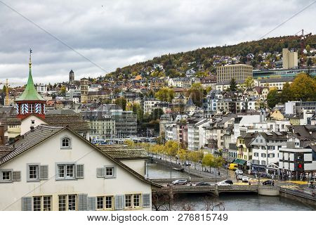 Zurich, Switzerland - Oct 130th, 2018: Classic Beautiful And Colorful Swiss Cityscape Or Landscape A