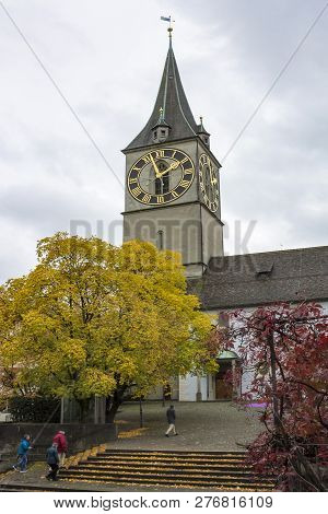 Zurich, Switzerland - Oct 130th, 2018: Classic Beautiful And Colorful Swiss Cityscape Or Landscape A