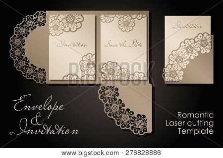 Intage Envelope And Invitation For Laser Cutting. Openwork Cover And Card Design For Wedding, Valent