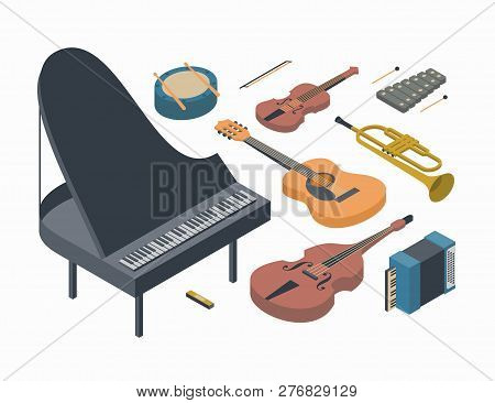 Music, Vector Isometric Concept Illustration, Icon Set, Poster, White Background, 3d. Musical Instru