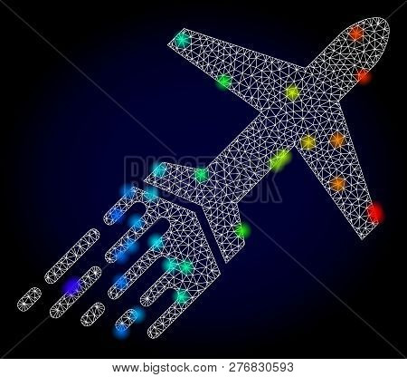 Glossy Polygonal Mesh Air Liner Icon With Glow Effect On A Dark Background. Carcass Air Liner Iconic