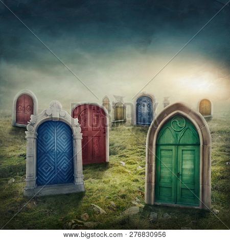 Closed doors in the meadow. Concept of finding a way out