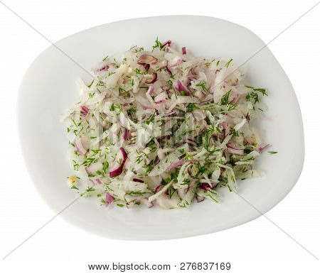 Salad Daikon, Onions And Dil Isolated On White Background. Salad On A Plate . Vegetarian Food