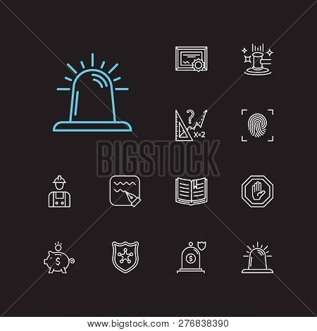 Court Icons Set. Stop And Court Icons With Siren, Auction And Labor. Set Of Personal For Web App Log