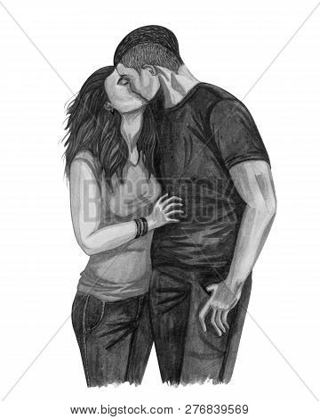 Watercolor Illustration Of A Young Couple In Love, Boy And Girl Kissing  Couple In Love. Romantic An