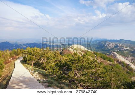 Beautiful Mountain Landscape With Walkway. Montenegro, View Of Lovcen National Park On A Sunny Sprin