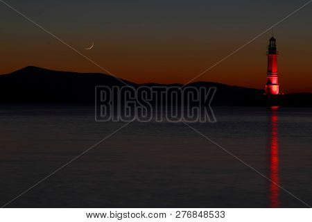 Seaside Town Of Turgutreis And Spectacular Sunsets. With New Moon.