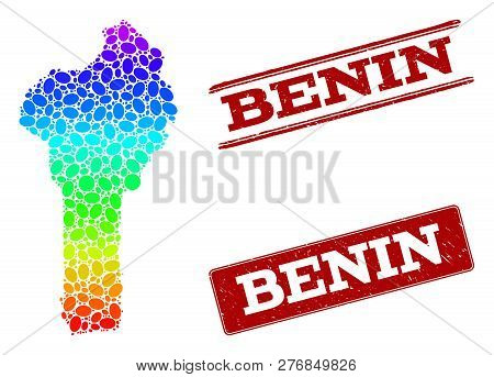 Spectrum Dotted Map Of Benin And Red Grunge Stamps. Vector Geographic Map In Bright Spectrum Gradien