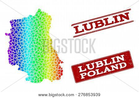 Spectrum Dotted Map Of Lublin Province And Red Grunge Stamps. Vector Geographic Map In Bright Spectr
