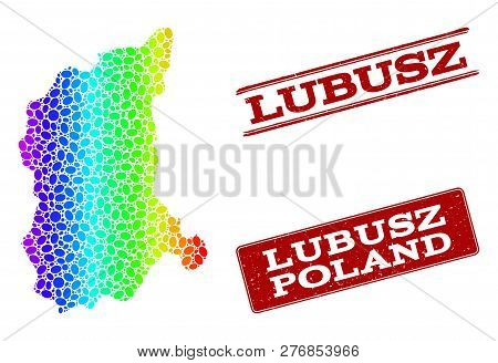 Spectrum Dotted Map Of Lubusz Province And Red Grunge Stamps. Vector Geographic Map In Bright Spectr
