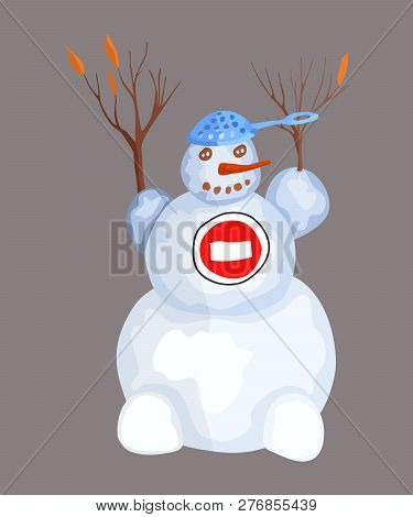 Snowman With Branches Hands. Drawing Cartoon Character. Stock Image Vector