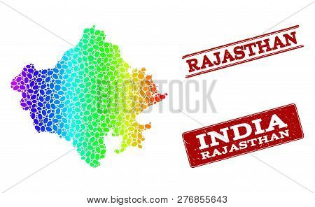 Spectrum Dotted Map Of Rajasthan State And Red Grunge Stamps. Vector Geographic Map In Bright Spectr