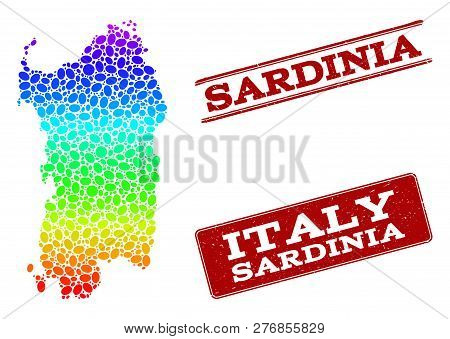 Spectrum Dotted Map Of Sardinia Region And Red Grunge Stamps. Vector Geographic Map In Bright Spectr